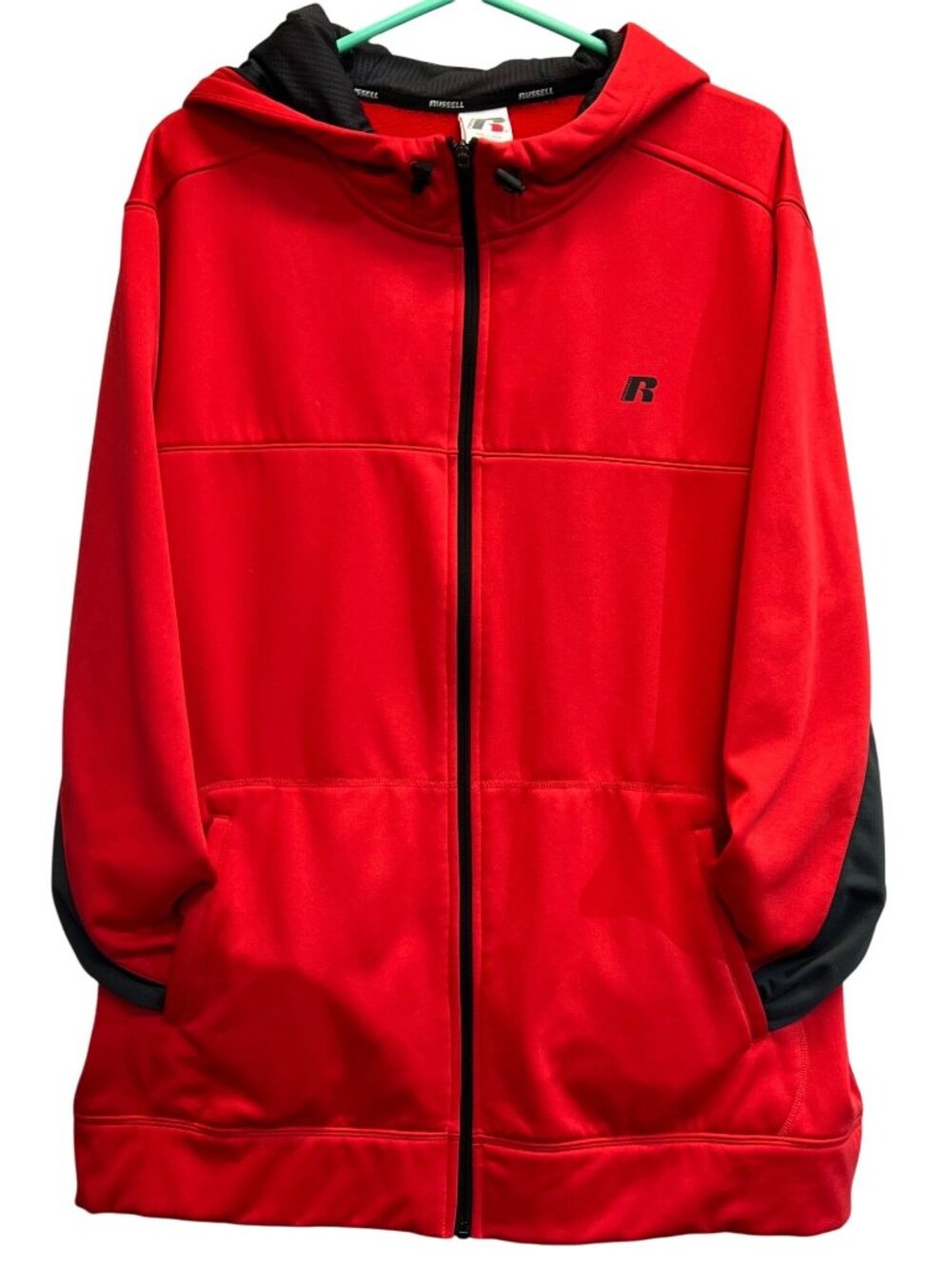 Russell Red Hooded Jacket 2XL Polyester Mens Full Zip Front Pockets Drawstring